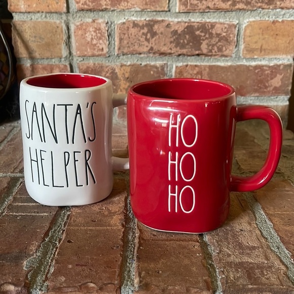 Rae Dunn Red HO HO HO White SANTA'S HELPER Ceramic Mugs Set of 2 - Picture 1 of 4